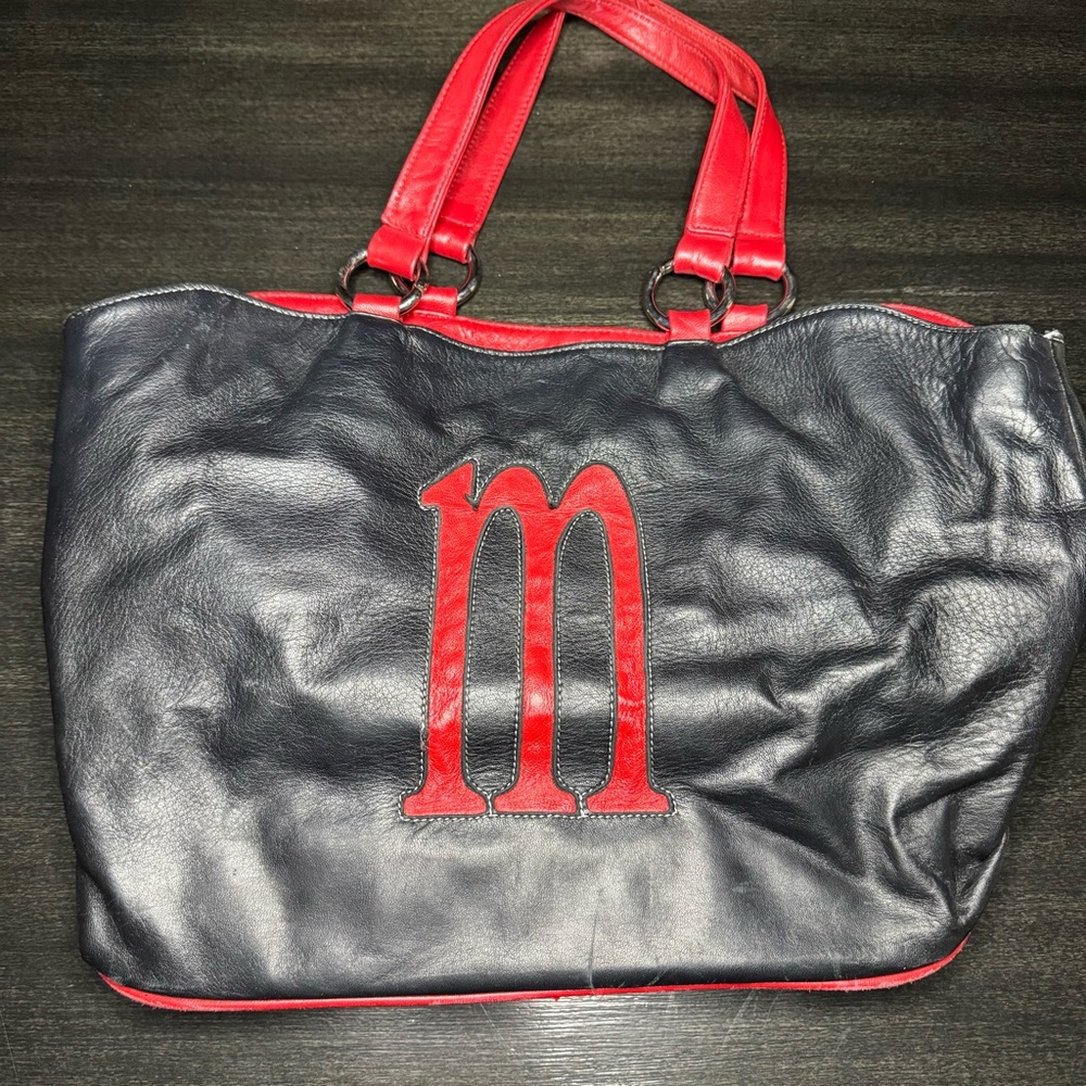 Vintage 90s Tiras “M” Monogram Soft Leather Satchel Black & Red -Silver